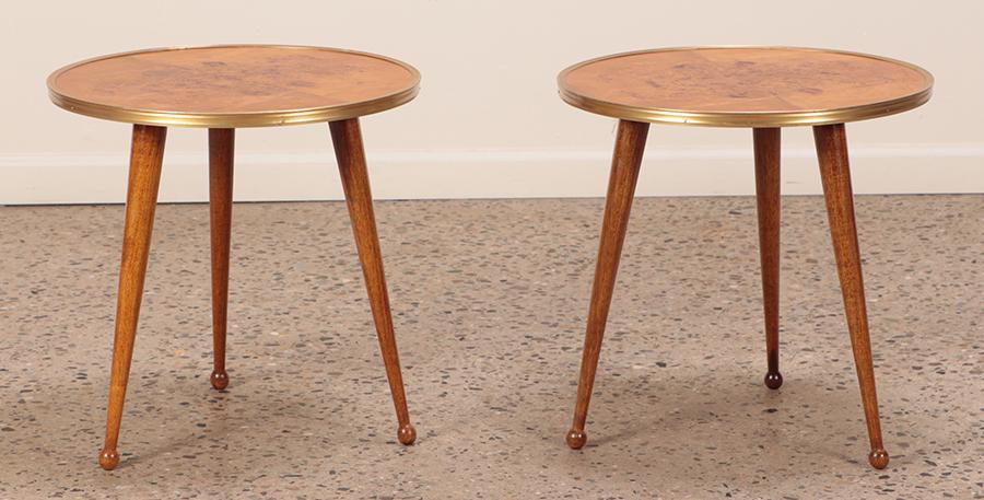 PAIR BURL OLIVE WOOD OCCASIONAL  TABLES HAVING BRASS BOUND EDGE. (1 of 7)