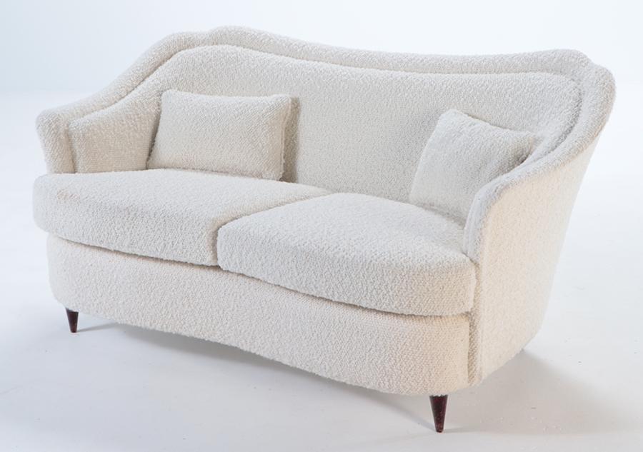 ITALIAN SETTEE IN THE MANNER OF GIO PONTI C 1950 REUPHOLSTERED IN BOUCLE FABRIC. (1 of 5)