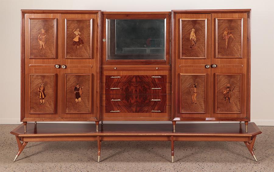 INLAID TWO PART BAR CABINET C 1960 HAVING FOUR DOORS WITH EIGHT INLAID BACK LIT PANELS. THE (1 of 11)