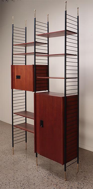 ITALIAN IRON AND TEAK WALL UNIT C 1950. THE BOOKCASE SECTIONS HAVING DOORS WITH LOCKS (1 of 8)