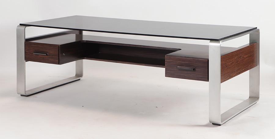 LARGE ITALIAN EXECUTIVE DESK HAVING AN ALUMINUM FRAME, ROSEWOOD DRAWERS AND SMOKED GLASS TOP (1 of 6)