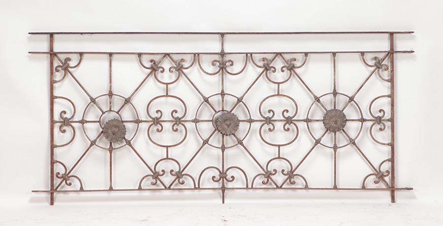 WROUUGT IRON BALCONY OR CONSOLE PANEL WITH ZINC MOUNTS C 1920.: Wrouugt iron balcony or console panel with zinc mounts C 1920. Ht: 38.5" Wd: 86.5"