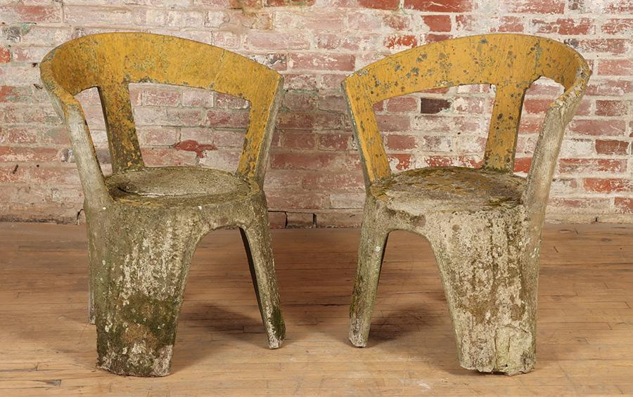 PAIR FRENCH CAST STONE GARDEN CHAIRS WITH TRACES OF OLD PAINT. (1 of 8)