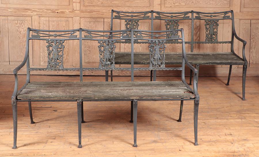A PAIR OF "DIANA THE HUNTRESS" GARDEN BENCHES IN CAST IRON WITH WOODEN SEATS. (1 of 9)