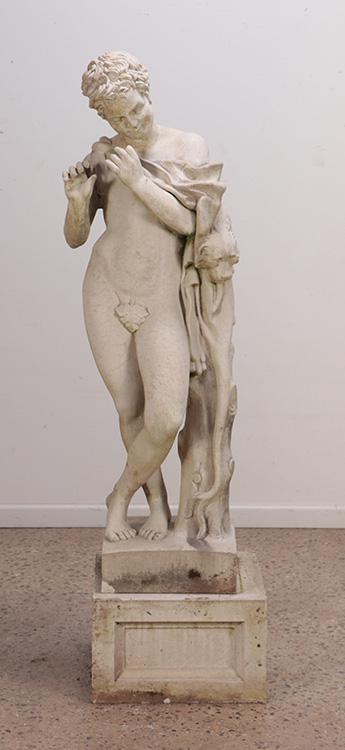 A LARGE CAST STONE SCULPTURE OF A STANDING HERCULES WITH LION HEAD CAPE, RAISED ON RECESSED (1 of 10)