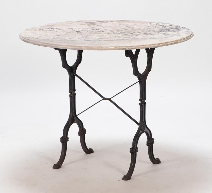 FRENCH CAST IRON AND MARBLE GARDEN TABLE WITH ROUND TOP. (1 of 5)