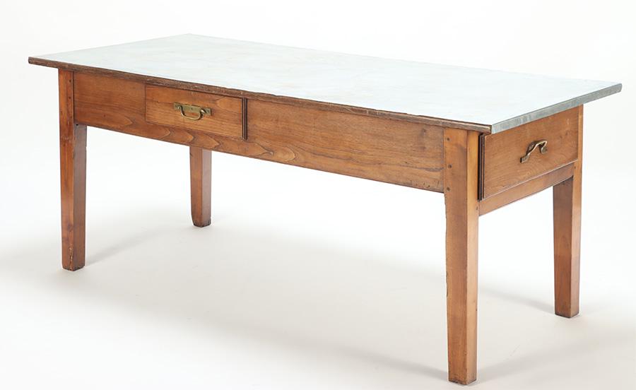 FRENCH OAK POTTING  TABLE WITH ZINC TOP AND TWO DRAWERS C 1900. (1 of 9)