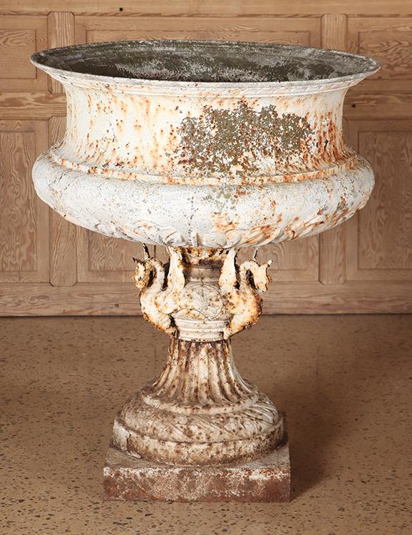 LARGE THREE PART CAST IRON GARDEN URN SIGNED FISKE HAVING GRIFFIN MOUNTS C 1880. (1 of 9)