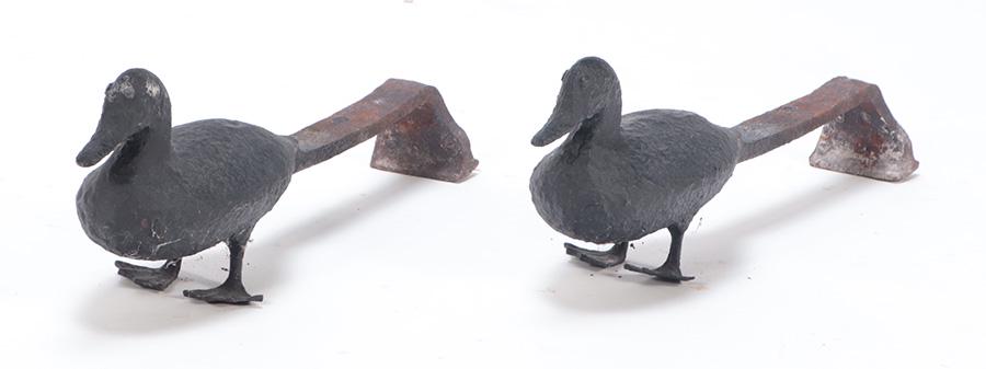 A PAIR OF PAINTED CAST IRON DUCK FORM ANDIRONS. (1 of 6)