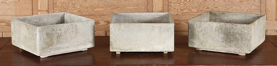 THREE SQUARE CAST STONE FOOTED URNS BY WILLY GUHL C 1970. (1 of 5)
