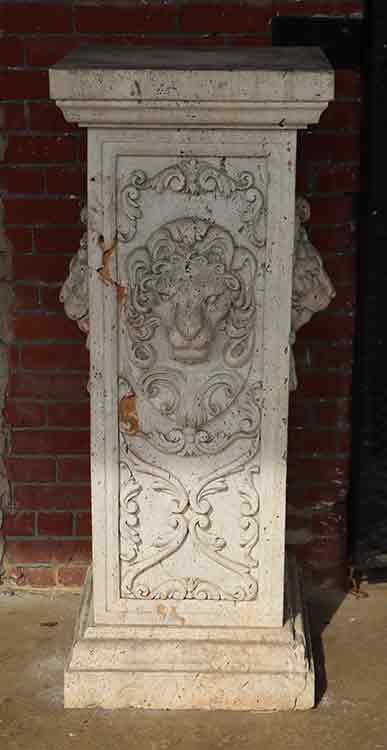 LARGE CARVED MARBLE PEDESTAL WITH LION MASKS. (1 of 6)