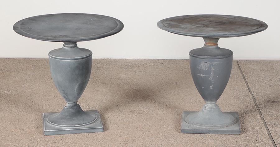 A PAIR OF RESTORATION HARDWARE METAL URN FORM GARDEN SIDE TABLES. (1 of 7)