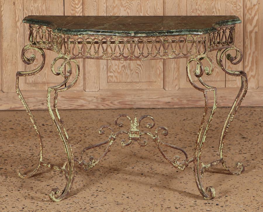 PAINTED IRON CONSOLE TABLE WITH SPANISH GREEN MARBLE TOP. (1 of 5)