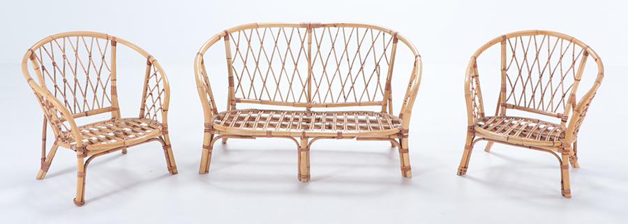 FRENCH THREE PIECE RATTAN PORCH SET COMPRISED OF A SETTEE AND TWO CHAIRS WITH CUSHIONS C 1950. (1 of 8)