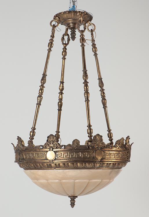 LARGE BRONZE AND ALABASTER CHANDELIER WITH GRREK KEY DESIGN.: large bronze and alabaster chandelier with greek key design. Ht: 57" Wd: 35.75"