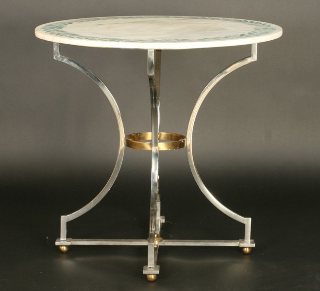 CHIC ITALIAN MARBLE TOP CHROME TABLE: A very stylish Italian marble top gueridon having inlaid faux malachite leaf banding and a brass and chrome base with downswept legs circa 1960.` Ht: 30" Dia: 31"