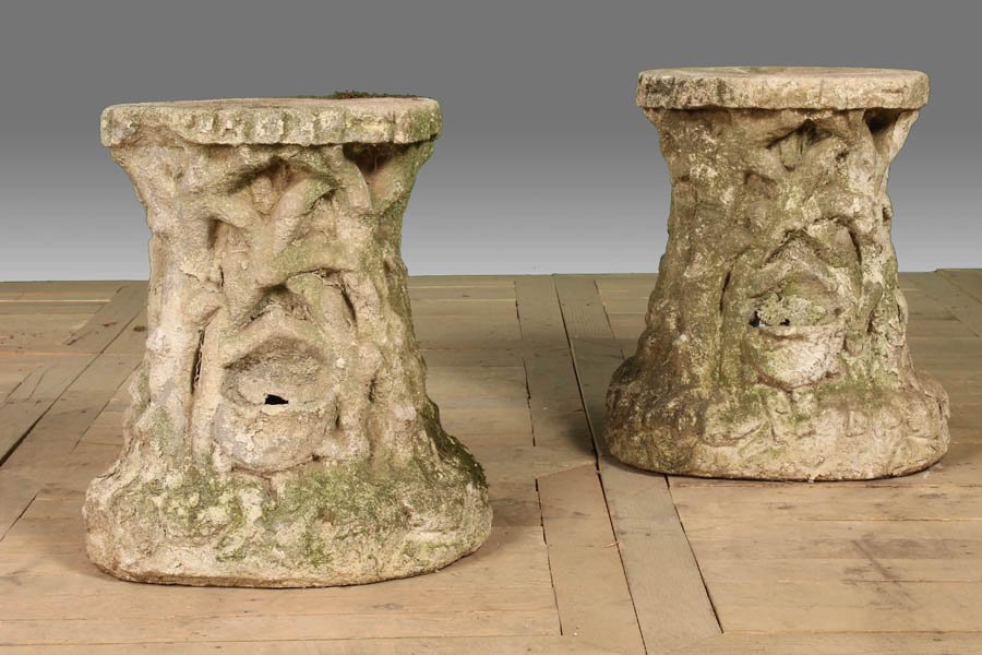 2 VINTAGE CAST STONE GROTTO STOOLS ROOT FORM: Two vintage cast stone grotto style stools, each having root form base circa 1940. Ht: 20" Width: 17" Depth: 13"
