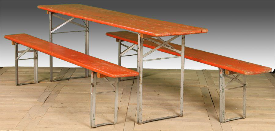 VINTAGE GERMAN COLLAPSIBLE INDUSTRIAL TABLE BENCH: A vintage German collapsible industrial table and matching benches circa 1940. All retaining original orange color. Ht: 30" Width: 86.5" Depth: 19.5"