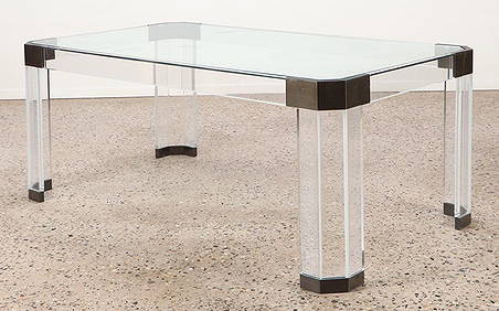 LUCITE, GLASS AND BRASS DINING TABLE IN THE MANNER OF CHARLES HOLLIS JONES C 1970. (1 of 5)