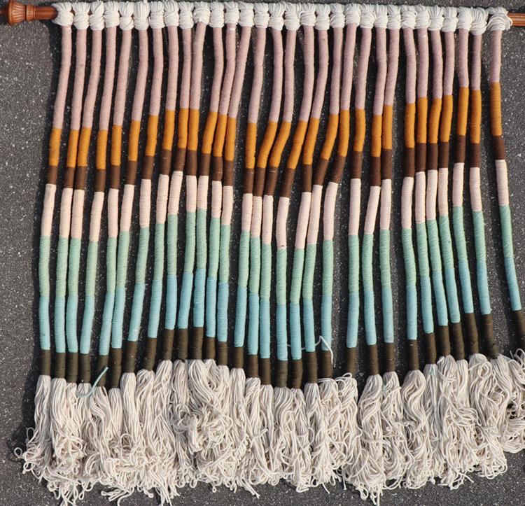 A LARGE MACRAME STYLE COTTON DRAPE OR PRIVACY SCREEN WITH WOOD VALENCE. (1 of 5)