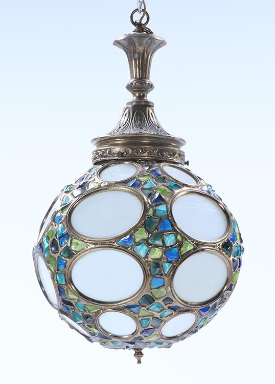 CHUNK GLASS AND BRASS LANTERN WITH CIRCULAR DESIGN. (1 of 6)