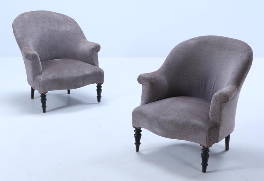 PAIR NAPOLEON III LOUNGE CHAIRS ON EBONIZED TURNED FEET C 1860.: Pair Napoleon III lounge chairs on ebonized turned feet C 1860. Ht: 30.5" Wd: 29" Dpth: 30" Seat: 13"