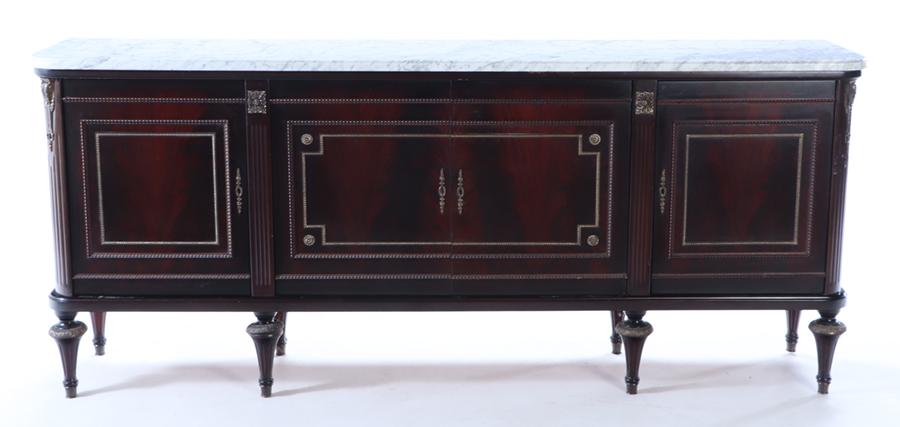 FRENCH MAHOGANY LOUIS XVI STYLE MARBLE TOP SIDEBOARD WITH BRONZE DETAILS C 1940.: French mahogany Louis XVI style marble top sideboard with bronze details C 1940. Ht: 41" Wd: 96" Dpth: 20.75"