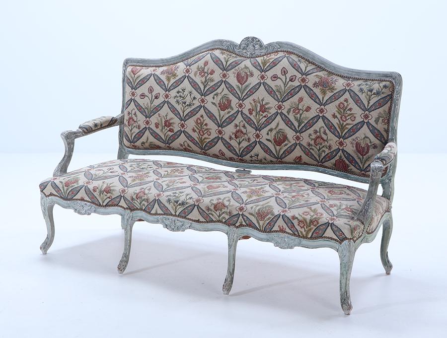 FRENCH CARVED AND PAINTED OPEN ARM SOFA HAVING SIX LEGS C 1860. (1 of 6)