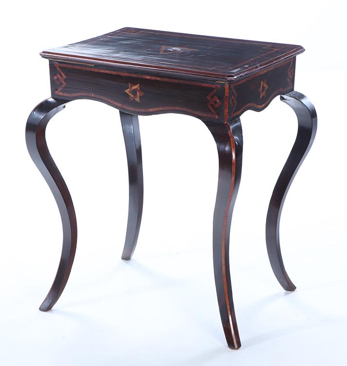 MAHOGANY AND INLAID OCCASIONAL TABLE WITH EXAGGERATED LEGS C 1890. (1 of 5)