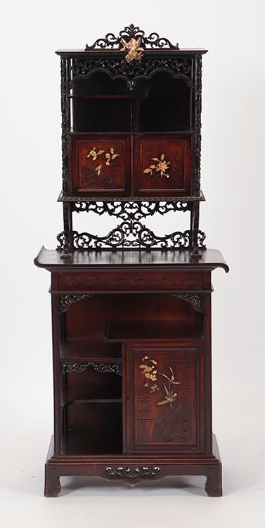 A HARDWOOD ORIENTALIST CABINET MANNER VIARDOT: An antique French hardwood Orientalist cabinet in the manner of Gabriel Viardot C 1880. Having central gilt stylized dragon with extensive fret work and hardstone decorated door panels. Ht: 69" Wd: 20