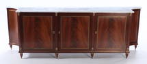 MARBLE TOP FLAME MAHOGANY BRONZE MOUNTED JANSEN SIDEBOARD C 1940. ENSUITE WITH PREVIOUS LOT.