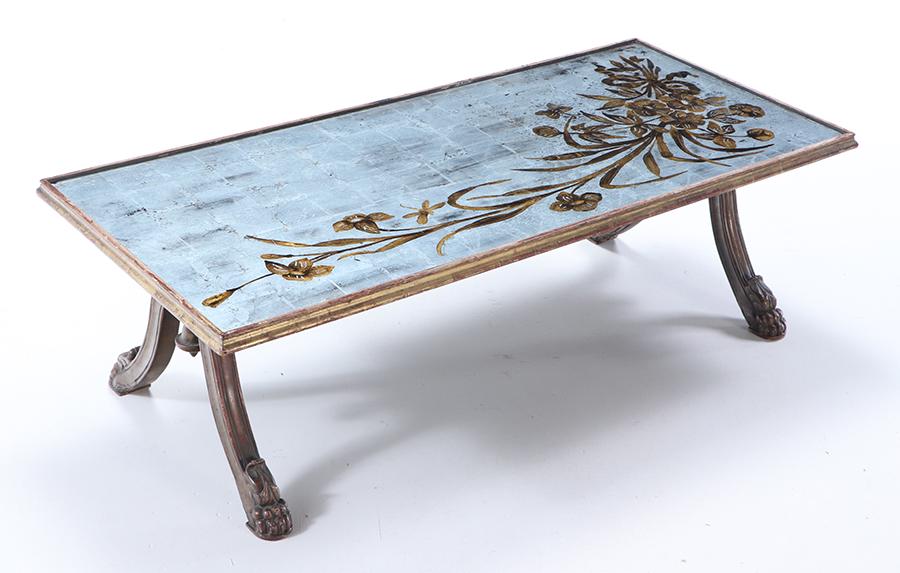 CARVED AND PAINTED COFFEE TABLE ATTRIBUTED TO JANSEN HAVING A SILVER LEAF DECORATED GLASS TOP C (1 of 6)