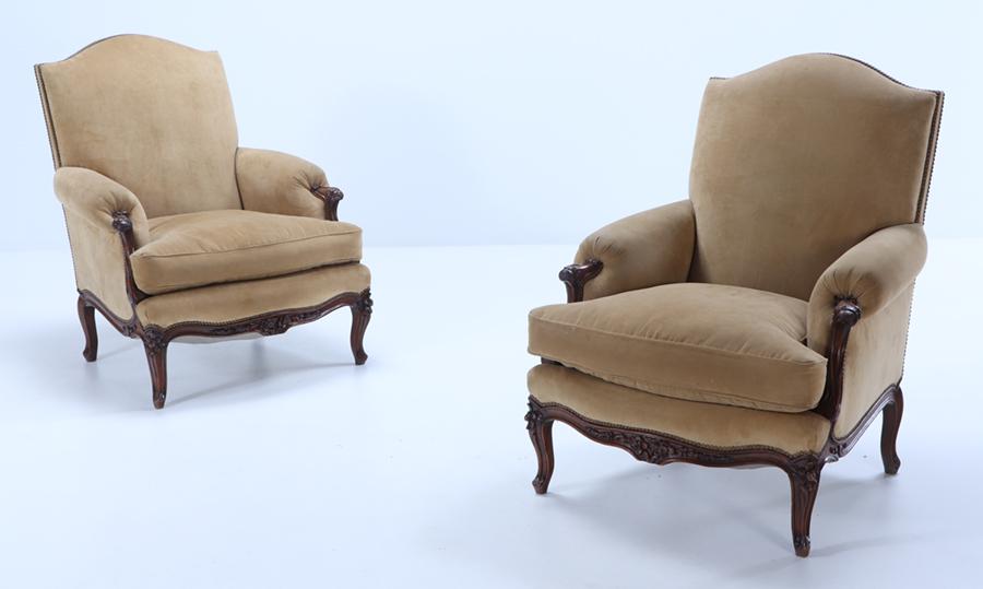 PAIR FRENCH WALNUT OVERSIZED BERGERE CHAIRS HAVING NICELY CARVED FRAMES C 1900. (1 of 10)