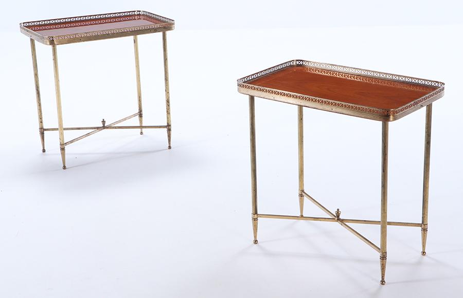 PAIR FRENCH MAHOGANY AND BRASS  END TABLES C 1950 IN THE MANNER OF JANSEN. (1 of 7)