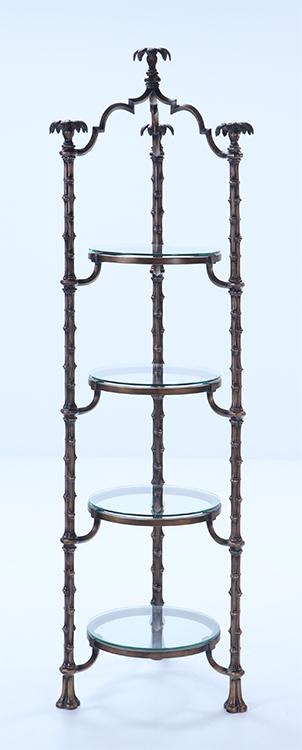 IRON AND GLASS ETEGERE IN THE MANNER OF JANSEN.: Iron and glass etegere in the manner of Jansen. Ht: 71.5" Wd: 19.75"