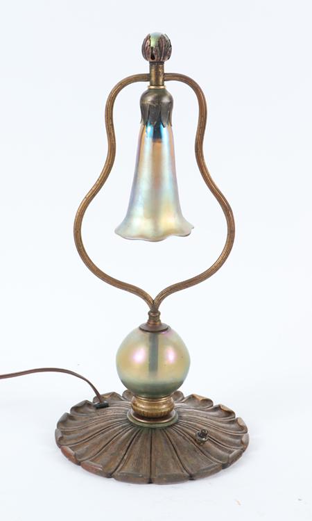 A RARE SIGNED BRONZE CALDWELL TABLE LAMP HAVING A LOETZ SHADE AND LOWER SPHERE FINIAL. (1 of 7)