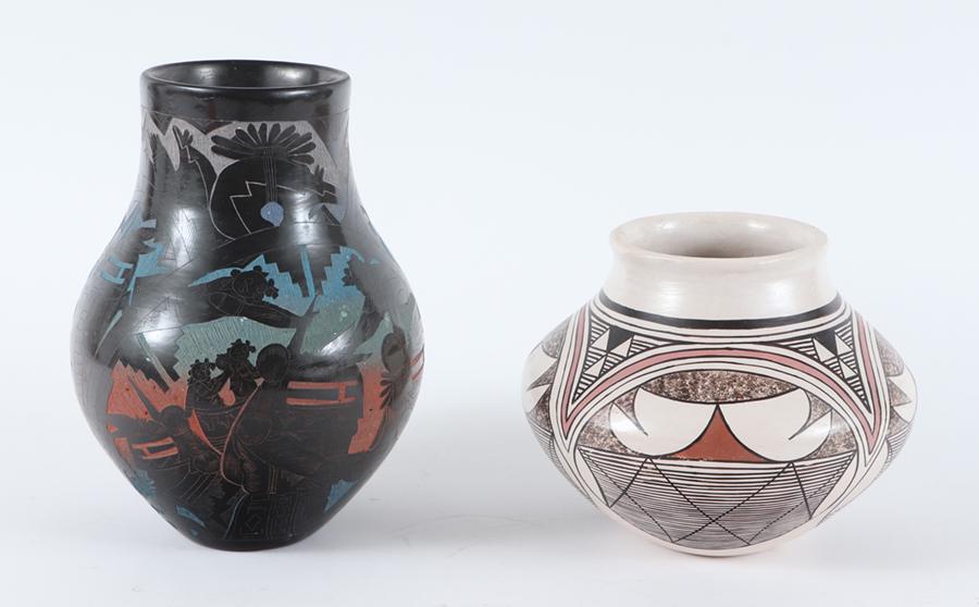 TWO NATIVE AMERICAN POTTERY VASES INCLUDING ERGIL VALLO DALWEPI BLACK VASE AND ACOMA BOWL (1 of 9)