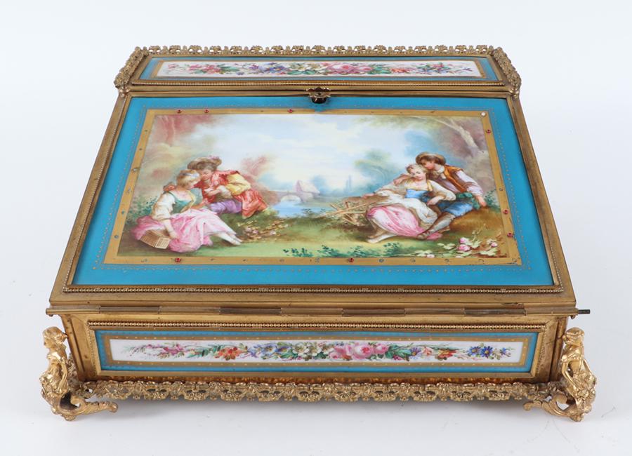 A NINETEENTH CENTURY FRENCH SEVRES STYLE GILT BRONZE PORCELAIN WRITING BOX WITH FIGURES (1 of 9)