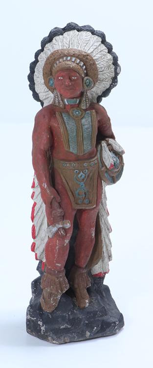 CONCRETE STATUE OF NATIVE AMERICAN INDIAN CHIEF, CAST CONCRETE WITH POLYCHROME PAINT DECORATION (1 of 6)