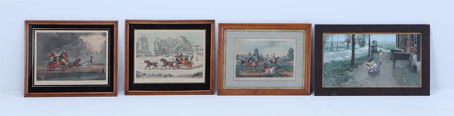 FOUR VINTAGE FRAMED PRINTS INCLUDING THREE HAND COLORED ENGLISH COACHING SCENES: Four vintage framed prints including three hand colored English coaching scenes and a lithograph after George Hitchcock Largest Framed size 17" X 28.25"