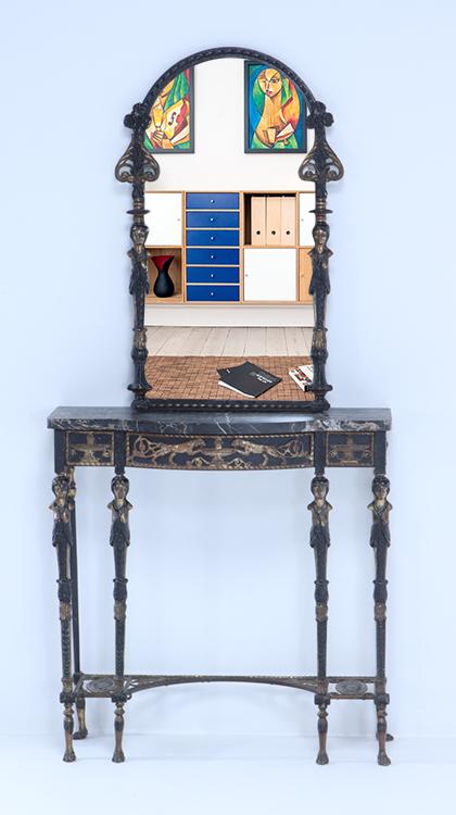 ATTRIBUTED TO OSCHAR BACH IRON AND BRONZE  CONSOLE TABLE WITH MARBLE TOP AND COMPANION MIRROR C (1 of 9)