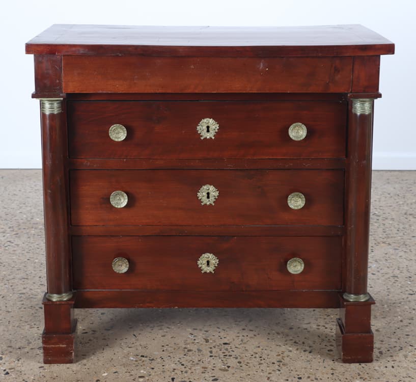 FRENCH EMPIRE STYLE BRONZE MOUNTED FOUR DRAWER BACHELORS CHEST WITH FULL ROUND COLUMNS (1 of 8)