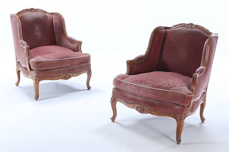 LARGE SCALE PAIR OF FRENCH LOUIS XV STYLE BERGERE CHAIRS IN OLD MOHAIR C 1940.: Large scale pair of French Louis XV style bergere chairs in old mohair C 1940. Ht: 37" Wd: 30" Dpth: 32" Seat: 18"