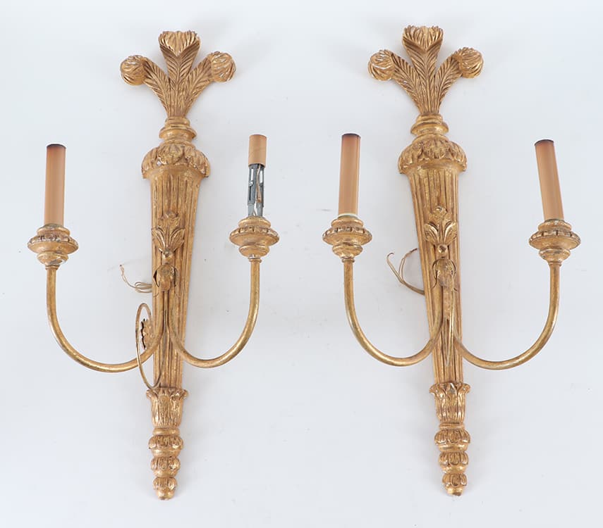 FLORENTINE CARVED AND GILTWOOD TWO ARM WALL SCONCES. (1 of 9)