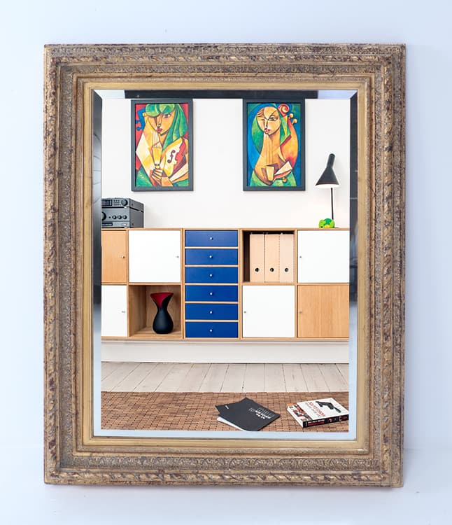 A MODERN GOLD LEAF BEVELED GLASS MIRROR. (1 of 6)