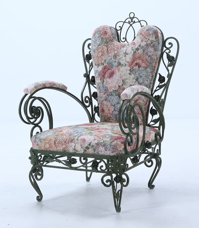 OVERSIZED FRENCH IRON PATIO CHAIR WITH UPHOLSTERED SEAT AND BACK. (1 of 7)