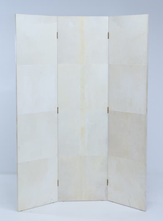 A THREE PANEL FOLDING PARCHMENT SCREEN IN THE STYLE OF JEAN MICHELE FRANK (1 of 6)