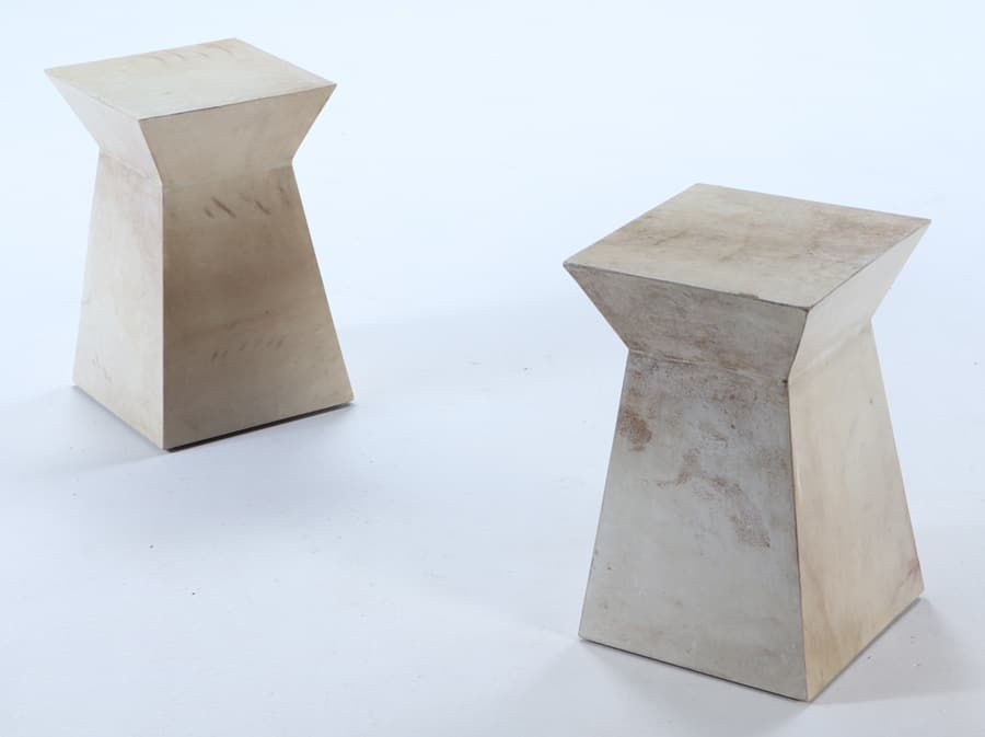 A PAIR OF JEAN MICHEL FRANK STYLE PARCHMENT COVERED RECTANGULAR STANDS HAVING TAPERED BODIES. (1 of 7)