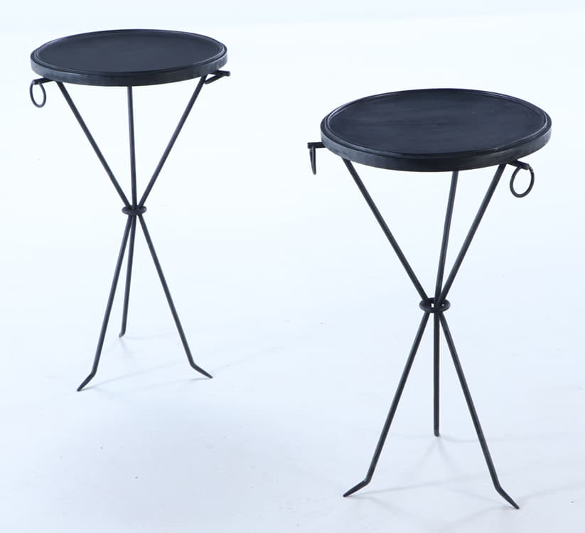A PAIR OF JEAN MICHEL FRANK STYLE IRON DRINK TABLES WITH RING DECORATION. (1 of 7)