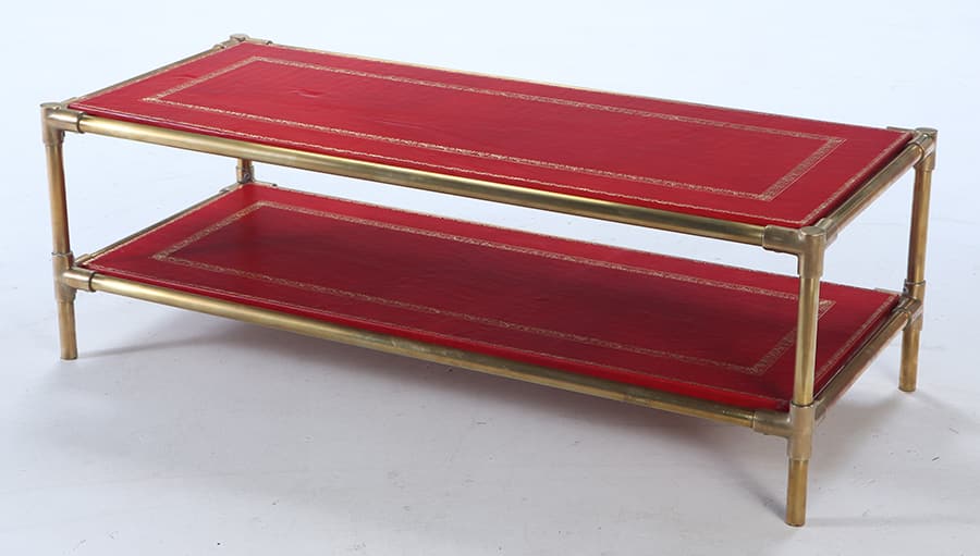 A TWO TIER BRONZE FRENCH COFFEE TABLE HAVING GILT EMBOSSED LEATHER TOPS JANSEN STYLE C. 1950 (1 of 5)